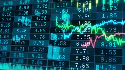 Motion graphics background with animated financial line graphs running in virtual space with holographic figures and stock market board - Powered by Adobe