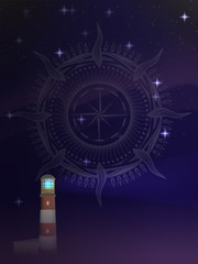 old lighthouse with a beam of light against the starry sky. background pattern of ornate nautical compass silhouette.
