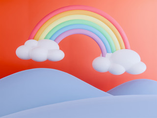 rainbow with mountains pastel background , 3d render