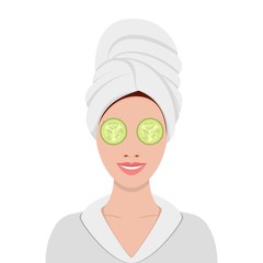 woman with mask of cucumber on her eyes. SPA beauty and health concept. Vector illustration in flat style