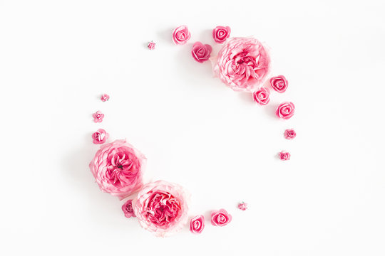Flowers composition. Wreath made of rose flowers on white background. Valentines day, mothers day, womens day, spring concept. Flat lay, top view, copy space