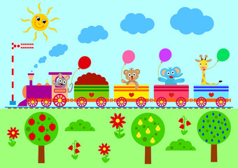 Cartoon set with different animals on train. Mouse, bear, elephant, giraffe with balloons. Flat vector elements for postcard, book, sticker or print - Vector