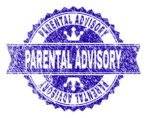 PARENTAL ADVISORY rosette stamp seal overlay with distress style. Designed with round rosette, ribbon and small crowns. Blue vector rubber watermark of PARENTAL ADVISORY caption with retro style.