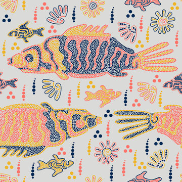 Fish and shells swim in the river. Australian Aboriginal art. Point Art. Seamless pattern