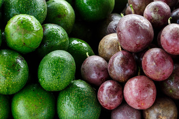 avocados and passion fruit sell in fruit market