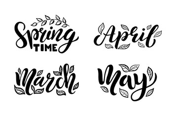 Spring time, march, april, may lettering typography set. Calligraphy postcard or poster graphic design element. Hand written style card. Simple vector brush sign. For calendar, schedule, diary.