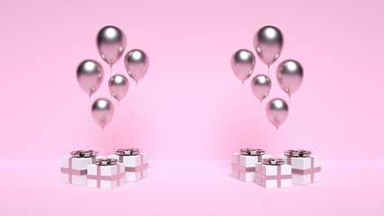 Rose Gold Balloons And Gift Boxes With Empty Banner Space For Birthday, Party Or Events On Pink Background - 3D Illustration