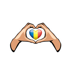 Romania flag and hand on white background. Vector illustration
