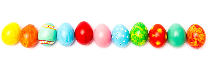 Easter background with handmade colored eggs.  Festive tradition on white backdrop. Header and banner