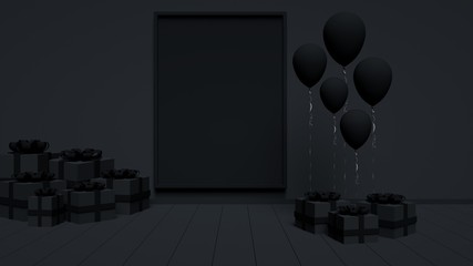 Black Balloons And Gift Boxes With Empty Banner Space For Birthday, Party Or Events On Matte Black Background - 3D Illustration