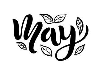 Hand sketched calligraphy may text with leaves as logotype, badge,icon. Postcard, card, invitation,flyer, banner template. Lettering typography isolated on white background. Spring Vector illustration