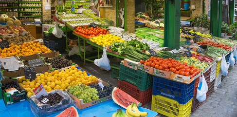 Vegetables and fruits at a grocery market in Thessaloniki