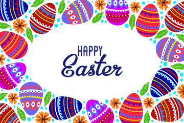Fototapeta premium Happy Easter. Cartoon cute eggs and doodle flowers on a white background with text. Horizontal Vector
