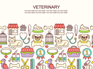 Line style black and white vector illustration with pets icons. Linear vet pattern on white. Line style veterinarian background. Goods for cats and dogs, flyer for print with place for text.