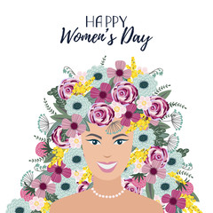 Vector illustration with cute woman and doodle flat flowers on a white background