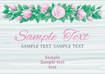 Floral  border with many white roses . Vector template with flowers on wood background for wedding invitation cards 