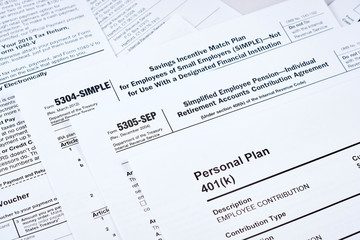 Tax reporting and retirement plan. Personal plan 401k form on against background 5304-simple,...