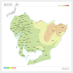 愛知県の地図（等高線・色分け・市町村・区分け）