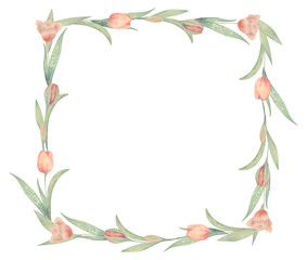 Watercolor frame with tulips. Drawn by hand. Ideal for logo, wedding invitations, cards, posters