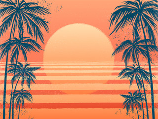 sunset with palm trees, trendy pink background. Vector illustration, design element for congratulation cards, print, banners and others