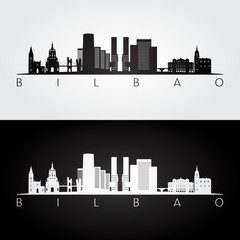 Bilbao skyline and landmarks silhouette, black and white design, vector illustration. - obrazy, fototapety, plakaty