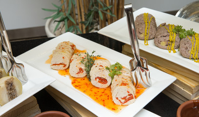 tray of assorted food for salad buffet