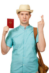 The man crossed fingers on good luck to the Russian international passport