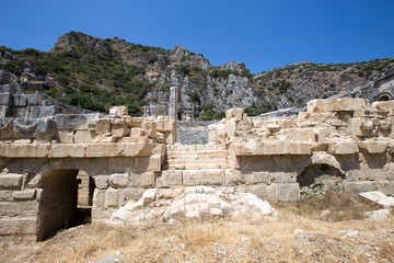Fototapeta na wymiar Ancient lycian necropolis with tomb carved in rocks in Mira