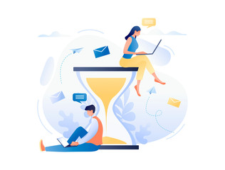 People sitting with laptop near the hourglass. Time management and procrastination. Deadline. Business Flat concept vector illustration for web banner, website, presentation.