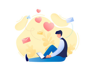 St.Valentine s Day - Young man with laptop texting love message. Love in the air, spring, romantic online chatting. Flat concept vector illustration for web, landing page, banner