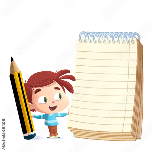 "niño con libreta y lapiz gigante" Stock photo and royalty-free images