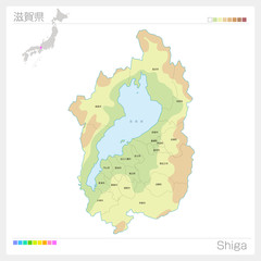 滋賀県の地図（等高線・色分け・市町村・区分け）