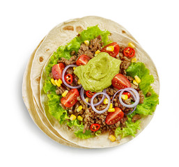 Tortilla wrap with fried minced meat and vegetables