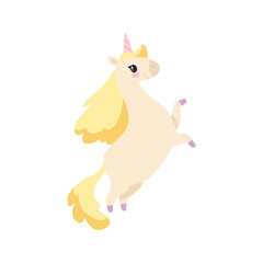 Beautiful Unicorn with Golden Mane, Cute Magic Fantasy Animal Jumping Vector Illustration