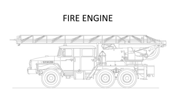 Classic cartoon hand drawn detailed fire engine / fire truck, profile view. Vector illustration