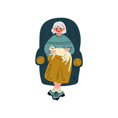 Senior Woman Sitting in Armchair with Her Cat, Old Lady and Her Animal Pet, Elderly Woman Daily Activity Vector Illustration
