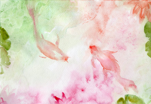 Watercolor Drawing Two Koi Fish With Background