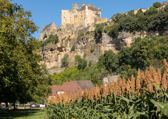 Beynac et Cazenac, France - September 4, 2018: the medieval Chateau de Beynac rising on a limestone...