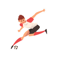 Fototapeta na wymiar Professional Soccer Player Running and Kicking Ball, Football Player Character in Uniform Training and Practicing Soccer Vector Illustration