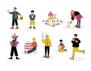 Fototapeta premium Happy Easter, Children Celebrating Holiday, Boys and Girls Holding Easter Symbols Set Vector Illustration