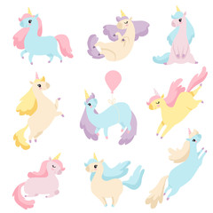 Collection of Lovely Unicorns, Cute Magic Fantasy Animals Vector Illustration