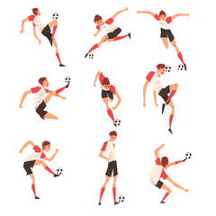 Fototapeta premium Soccer Player in Different Poses Set, Professional Football Player Character in Sports Uniform Kicking Ball Vector Illustration