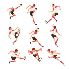 Soccer Player in Different Poses Set, Professional Football Player Character in Uniform Training and Practicing Soccer Vector Illustration