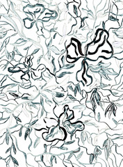 Hand-drawn graphics on a white background. Purple flowers. Hand painted. Seamless pattern.