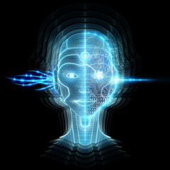 Intelligent machine with a robotic cyborg head concept 3D rendering