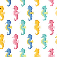 Vector seamless pattern with cute colorful sea horse on white background.