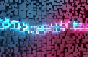 Glowing black blue and pink squares background pattern 3D rendering