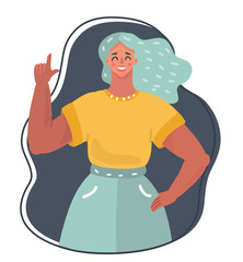 Portrait of cute woman speaking and pointing.