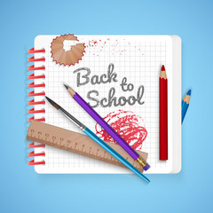 Notebook sheet and school supplies on colorful bright background, stationery postcard back to school. Vector illustration