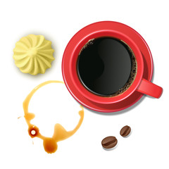 Coffee cup with on frothy surface. Good mood and vivacity for active day drinking coffee. Tea Coffee Break, illustrate the view from the top, Vector illustration